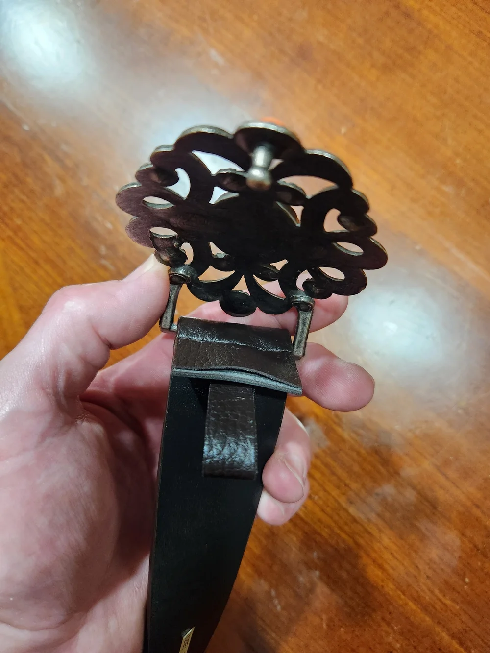 Vintage Leather Women's Belt with Coral Accent Buckle - Black Size 12